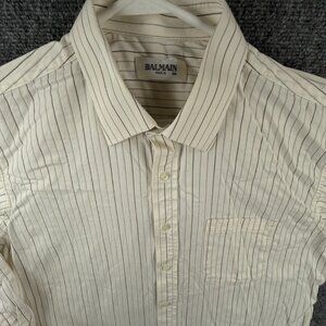 Balmain Paris Button Up Long Sleeve Striped Ivory Blue Brown Size 105 (M/L)